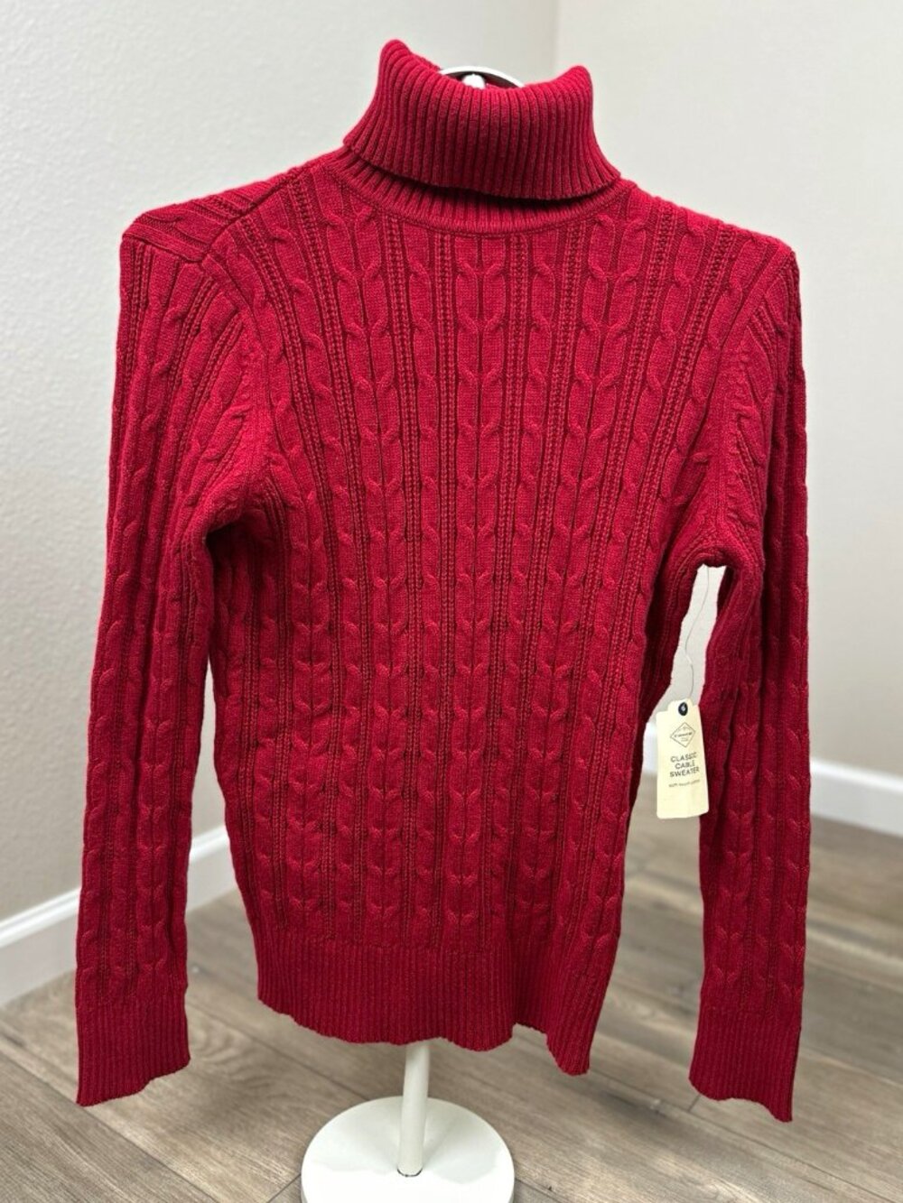St. John’s Bay Women’s Cable Knit Turtleneck Sweater Red Cotton Blend Size S